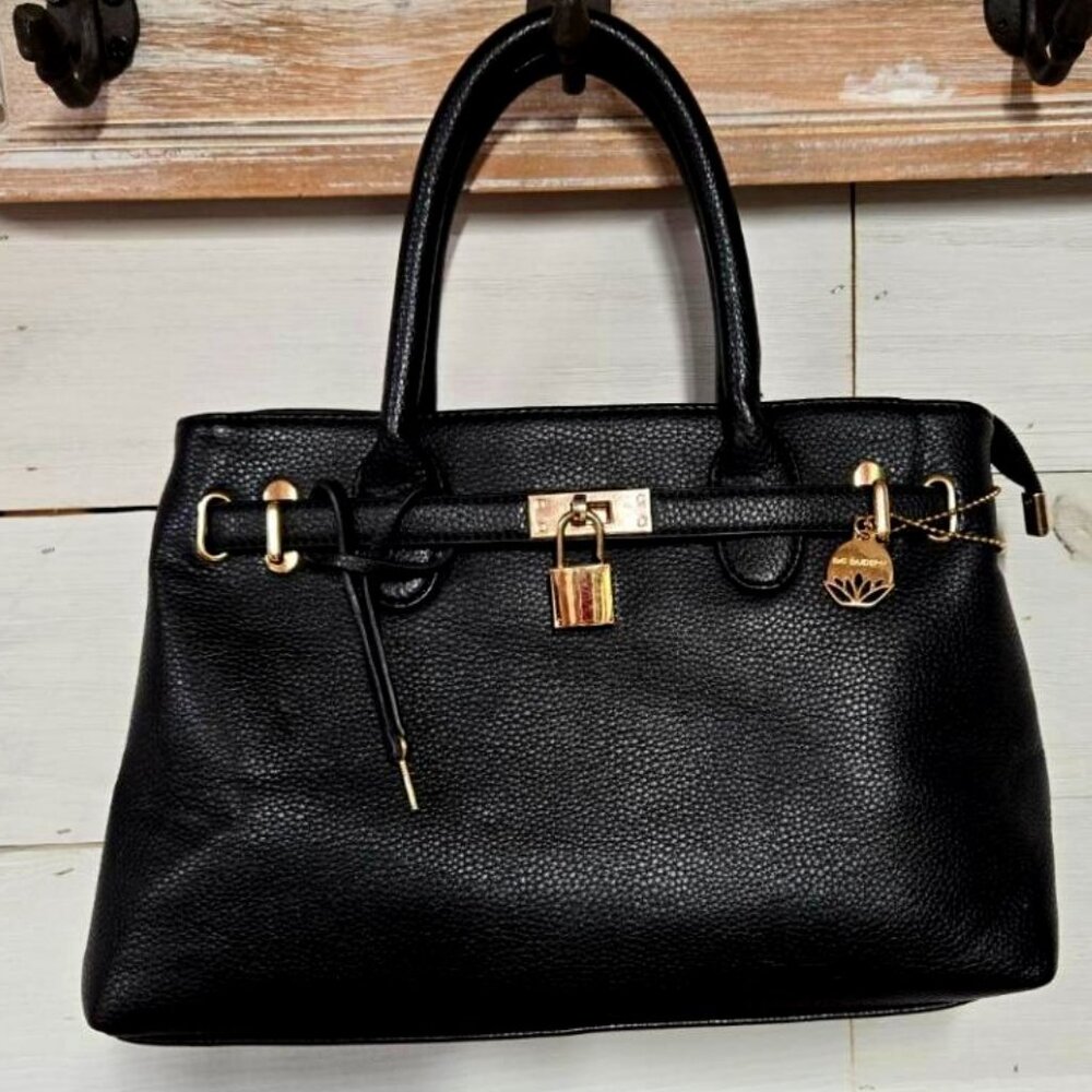 MG COLLECTION Black Leather Locking Padlock Handbag